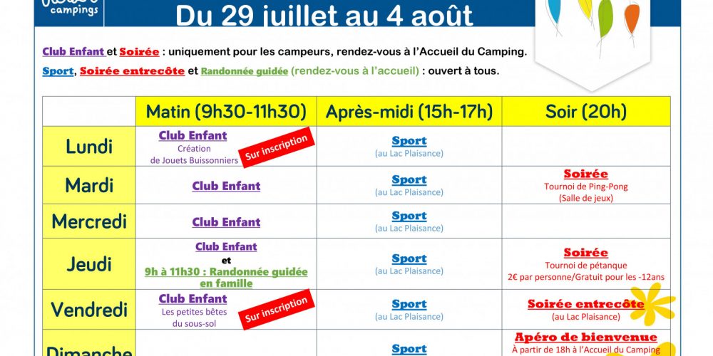 Plannings des animations semaine 31 L'Air du Lac