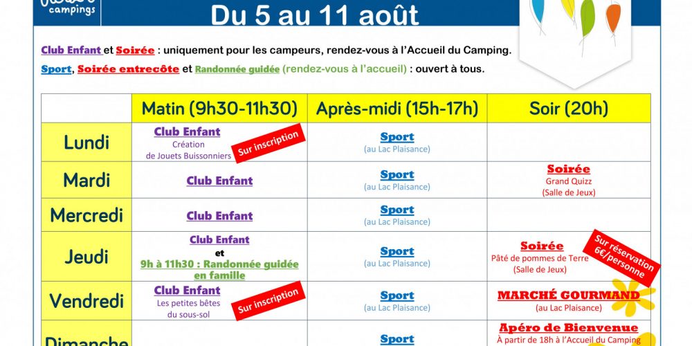 Plannings des animations semaine 32 L'Air du Lac